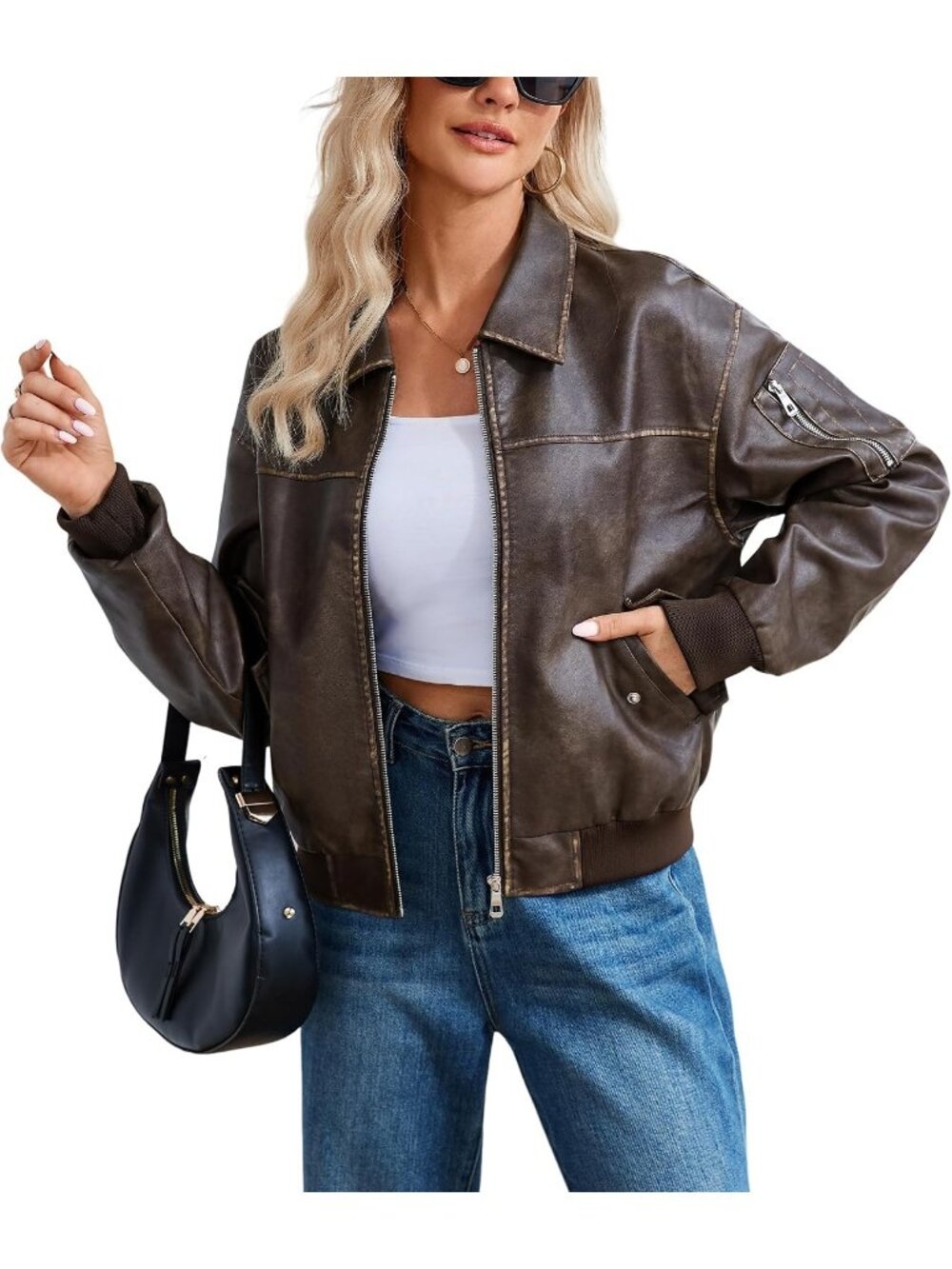 Women's Coffee Oversized Fall Winter Faux Leather Bomber Moto Biker Jacket
